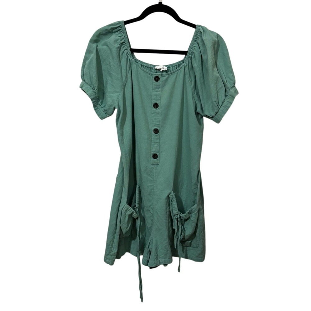 Green Puff-Sleeve Romper with Front Buttons